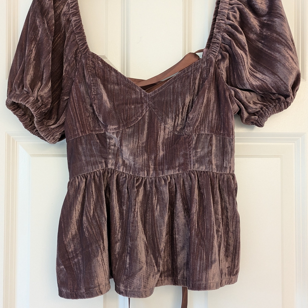 Purple Puff Sleeve Velvet Peplum Blouse